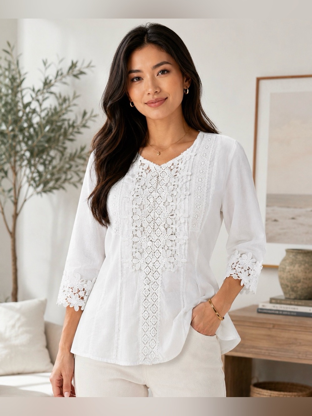 Source Unknown White V-Neck Crochet Lace Blouse